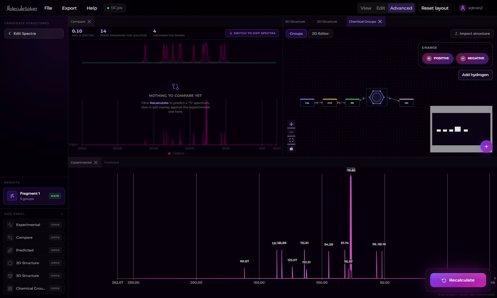 Analysis workbench with experimental spectrum, comparison and candidate structures